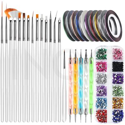 INOG Nagelkunst-Set für Damen - 31-teiliges Nageldesign-Set mit 15 Pinseln, 5 Dotting-Stiften & 10 Striping-Tapes, 1 Schachtel Strasssteine - Nagelmalset, Nai