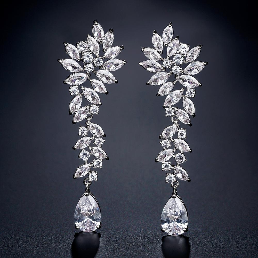 Luxury Leaf Marquise Zircon Long Drop Dangle Earrings Shiny AAA Cubic Zirconia Bridal Women's Wedding Party Zircon Accessories