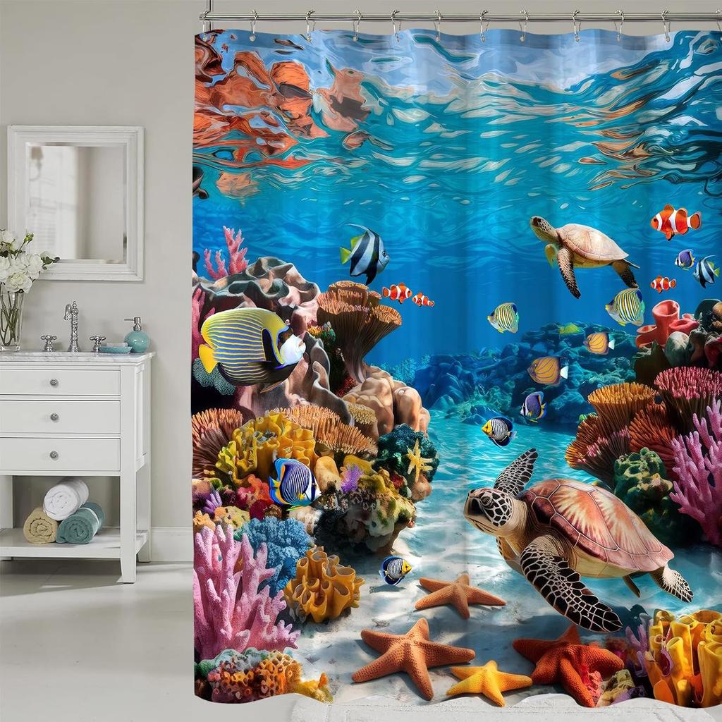 Sea Turtle Shower Curtain Ocean Beach Coastal Seaworld Marine Life Bathroom Curtain Set with Hooks Home Decoration