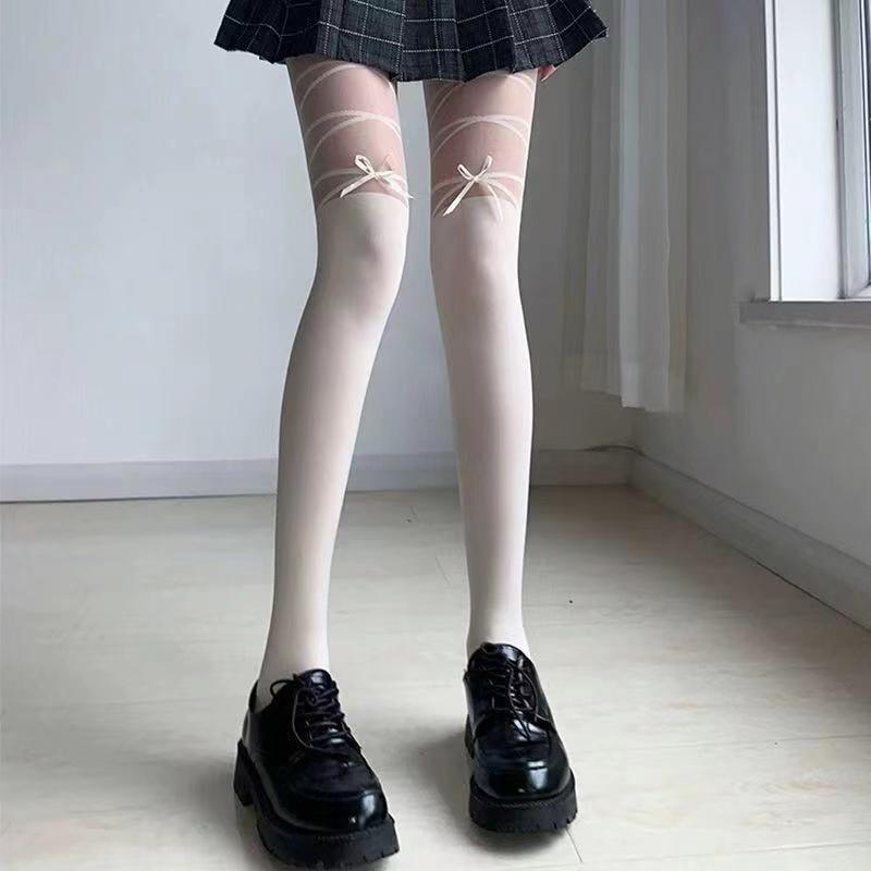Thin Stockings Women Bowknot Straps Lolita Cute Pantyhose Girls Long Tights Socks Black White Sexy Lingeries for Woman