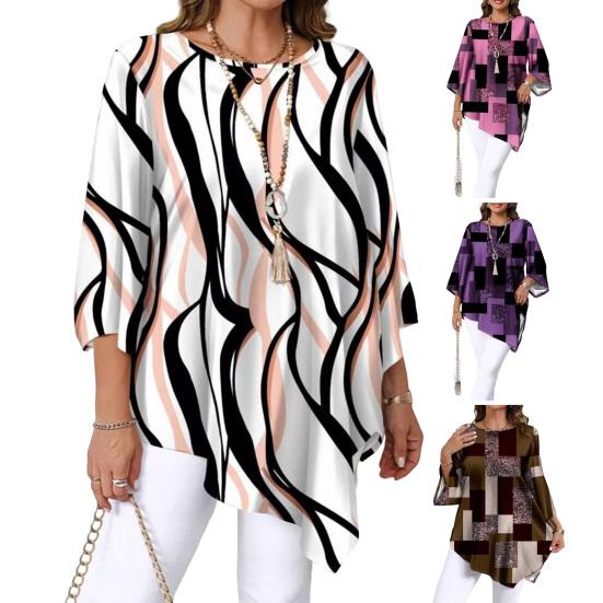Women Tops Three-Quarter Sleeve Round Neck Abstract Print Tee Tops Loose