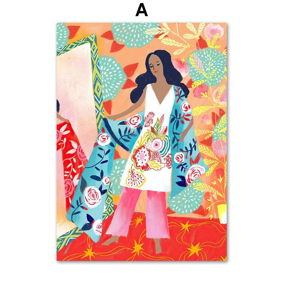 Wall Art Prints Canvas Painting Bohemia Colorful Vintage Abstract Girl Botanical Nordic Poster Decor Pictures For Living Room