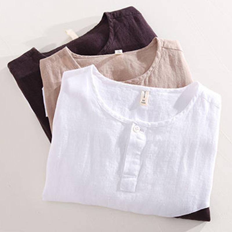 Fresh Round Neck Stitching Color Hit Short-sleeved Linen T-shirt Men's Summer Casual Large Size Loose Cotton and Linen Sweater