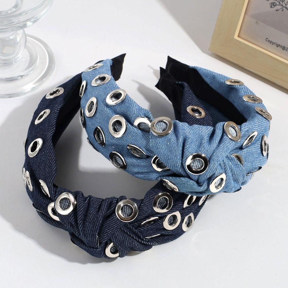 Y2K Denim Headband Wide Hollowed Out Eyelets Headband Headwear Punk Hairband  Women