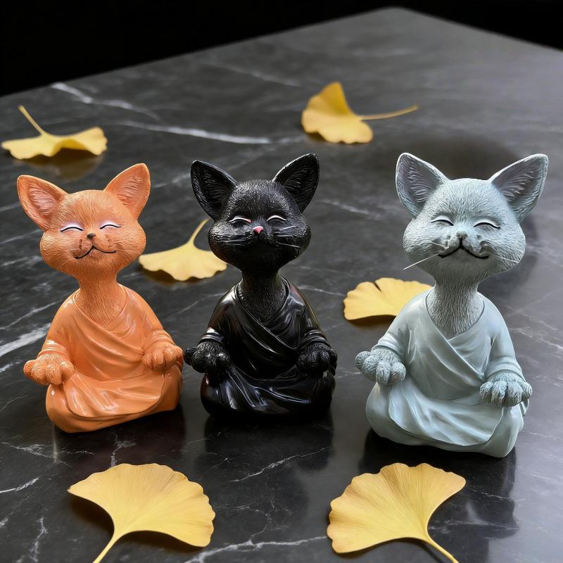 Meditation Animal Meditation Cat Resin Crafts Ornament Zazen Cat Flower Home Garden Decorative Statue