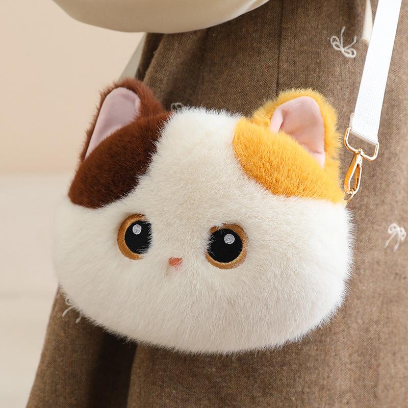 Borsa a tracolla in peluche gatto nero tricolore - Borsa a spalla carina, versatile e regalo di compleanno.