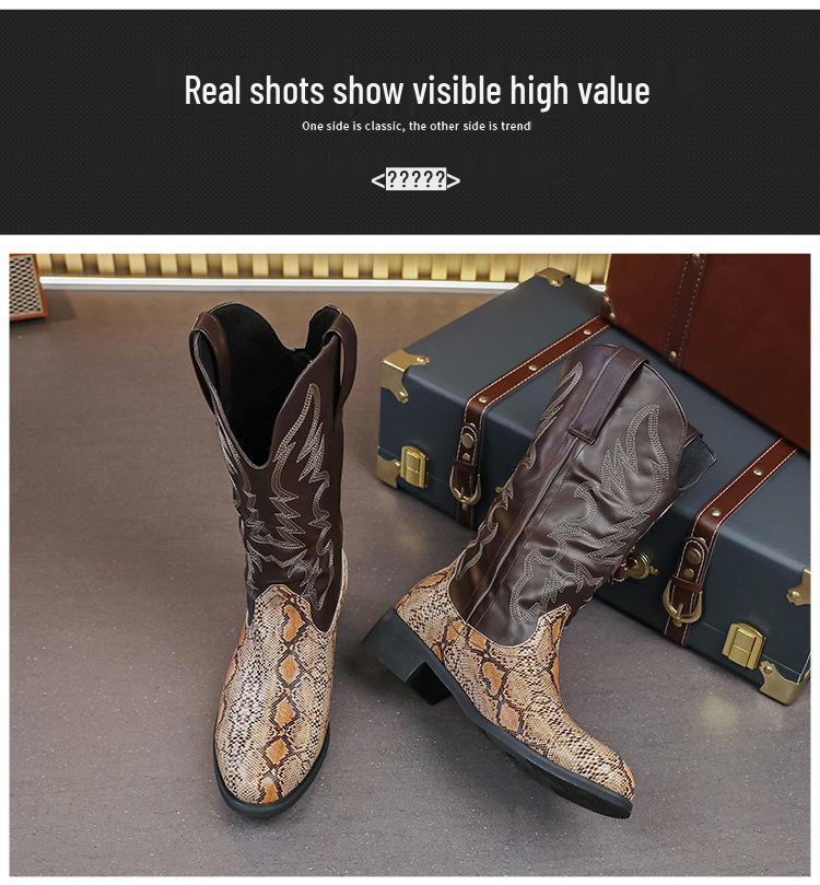 Men's Mid-Calf Snake Print Leather Western Cowboy Boots
