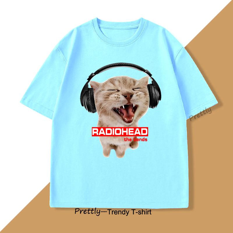 Cat with Headphones Radiohead Tshirt Cute Cat Rock T Shirt Men Women Vintage Cotton Short Sleeve Round Neck Tshirt Streetwear