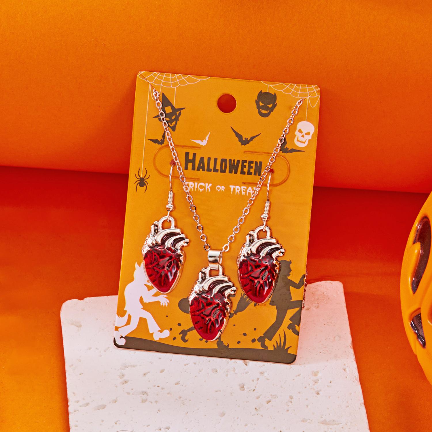 Fashionable Imitation Bloody Heart Pendant Necklace for Women Girls Gothic Red Heart Drop Earrings Halloween Party Jewelry Set