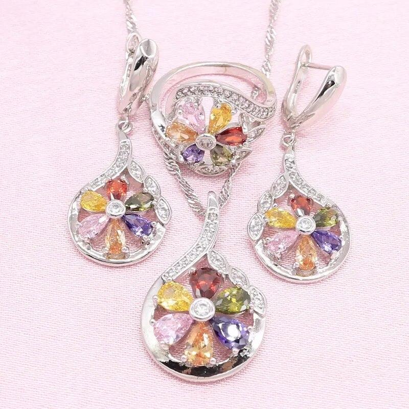 

Серебряные комплекты ювелирных изделий для женщин, свадебные многоцветные циркониевые симметричные серьги, ожерелье, кольцо, рождественский подарок