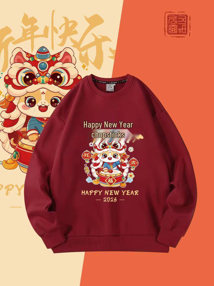 Red Chinese New Year Horse Cartoon Hoodie, Unisex Round Neck, Plus Velvet, Casual Loose Fit