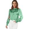 Silky Satin Shirt for Women Stand Collar Ruffle Trim Long Sleeve Pullover Tops Solid Color Loose Fit Casual Blouse