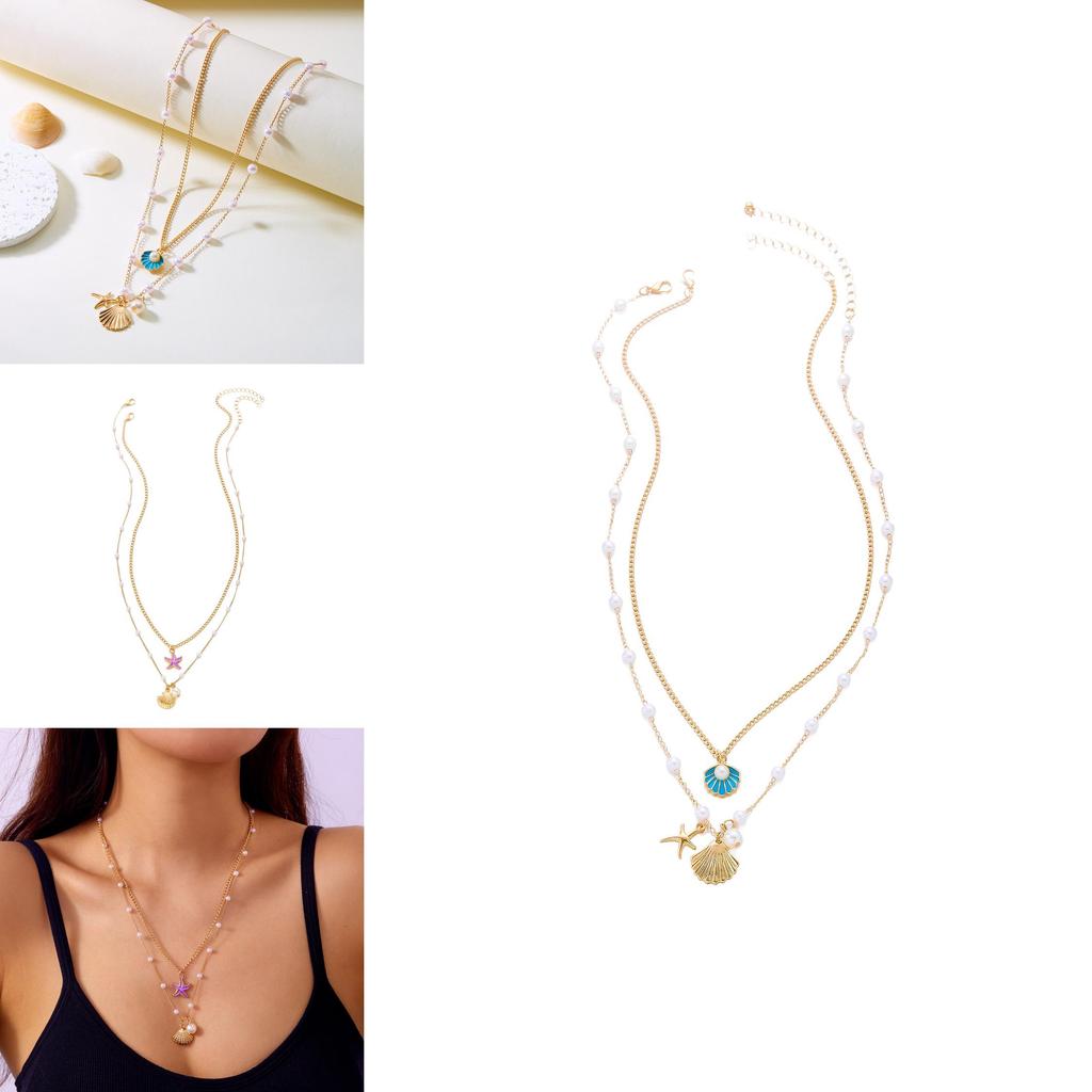Geometric Pearl Pendant Chain With Shell And Starfish For Summer Beach Vacation
