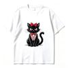 Black Cat Red Bow Blue Denim Overalls Print Tshirt Vintage Cute Kitten Graphic Summer Casual Short Sleeve Tee Harajuku Y2k Top