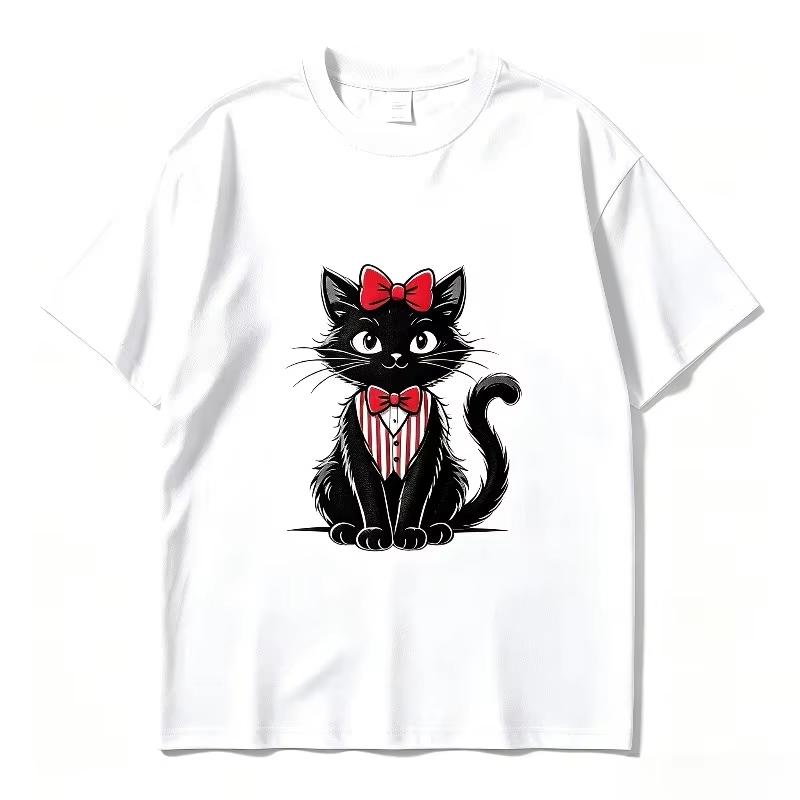 Black Cat Red Bow Blue Denim Overalls Print Tshirt Vintage Cute Kitten Graphic Summer Casual Short Sleeve Tee Harajuku Y2k Top