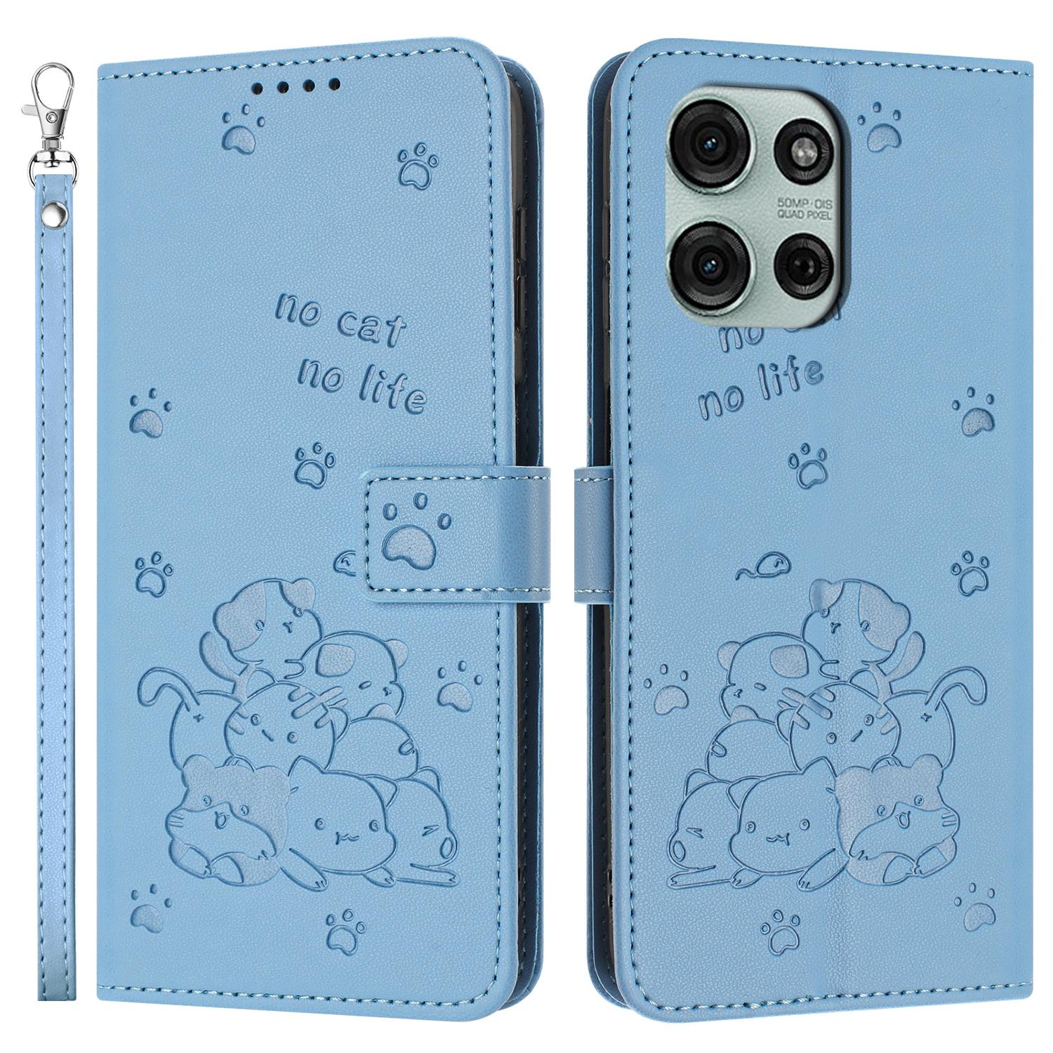 

For Motorola Moto G75 5G Case with Strap Cats Imprint Leather Wallet Phone Cover Blue