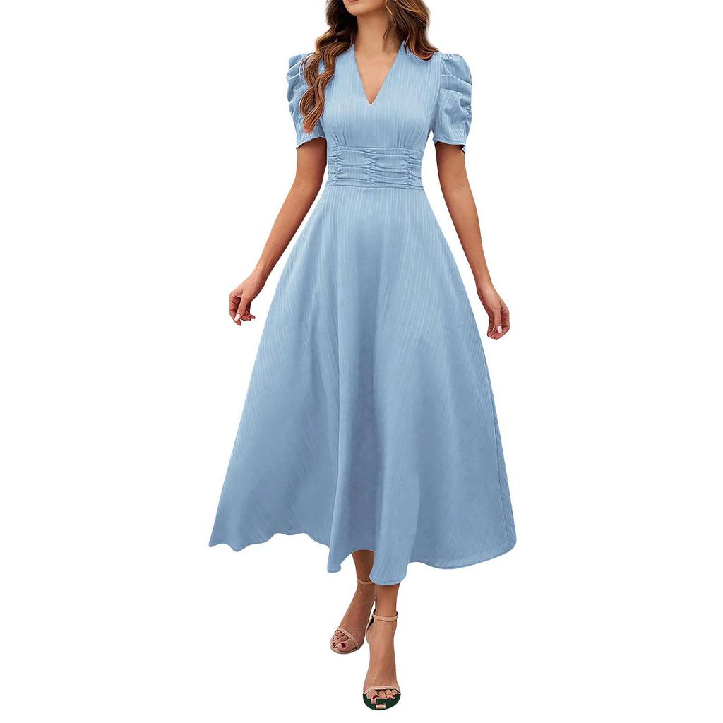 2026 Spring Summer Women's High Waist Solid Color Waist-Cinching Short Sleeve Dress