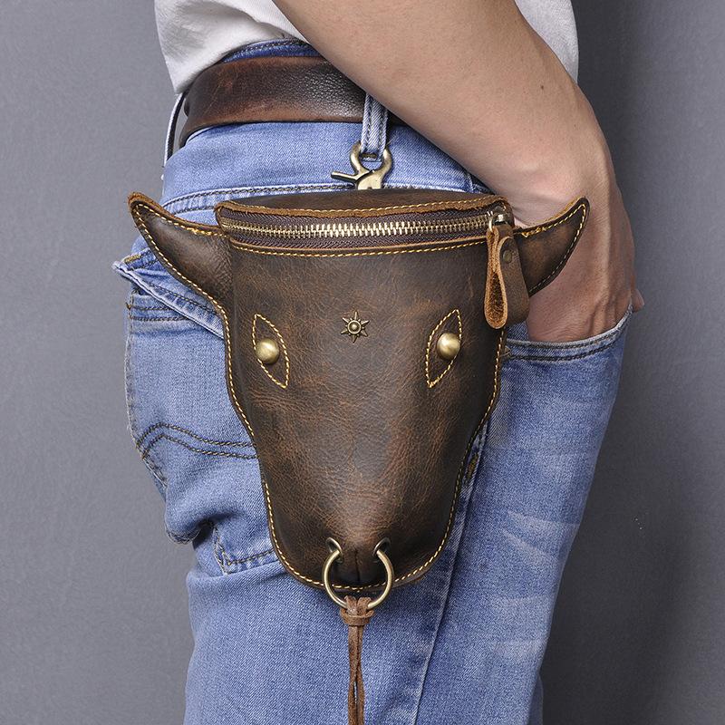 Thick Crazy Horse Leather Men Design Fashion Hook Bum Small Waist Bag Fanny Waist Belt Pack 6" Phone Pouch