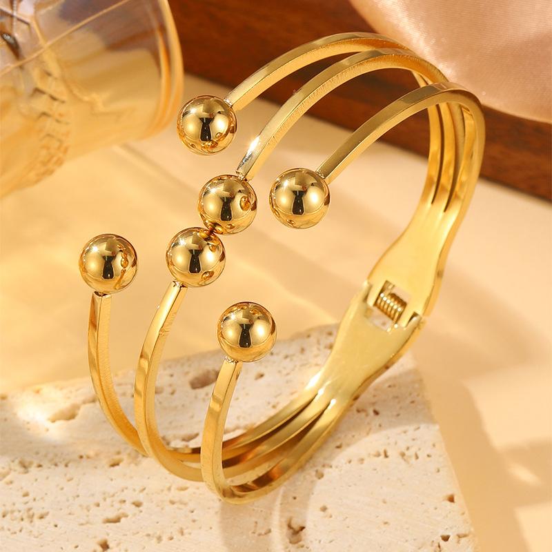 Golden Three Layer Round Bead Bracelet Stainless Steel Bracelet Cross Shaped Round Beads Do Not Fade Titanium Steel Bracelet