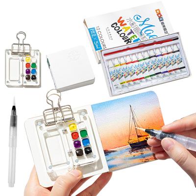 Mini Portable Watercolor Palette Set Watercolor Sketch Book with Binder Clip Watercolor Brush Acrylic Grid Paint Box