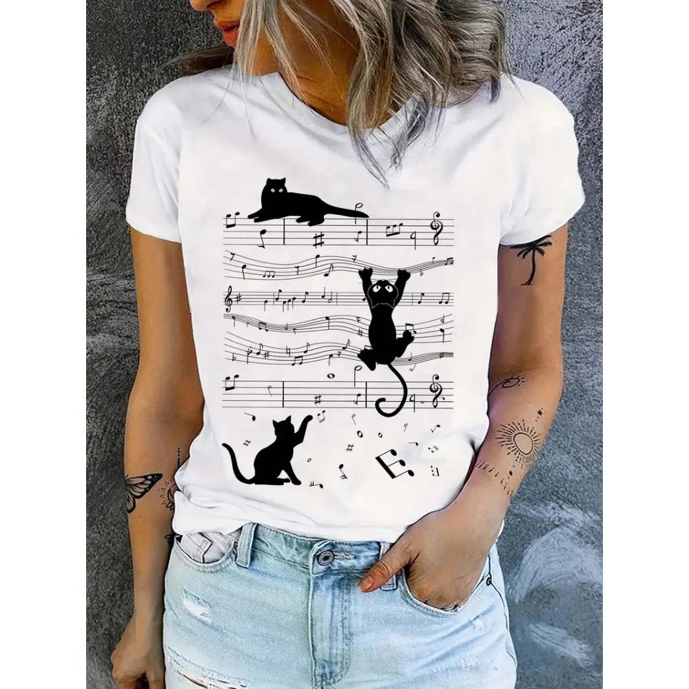 Fashionable and Fun Music Cat Pattern Printed Short Sleeve Printed T-shirt