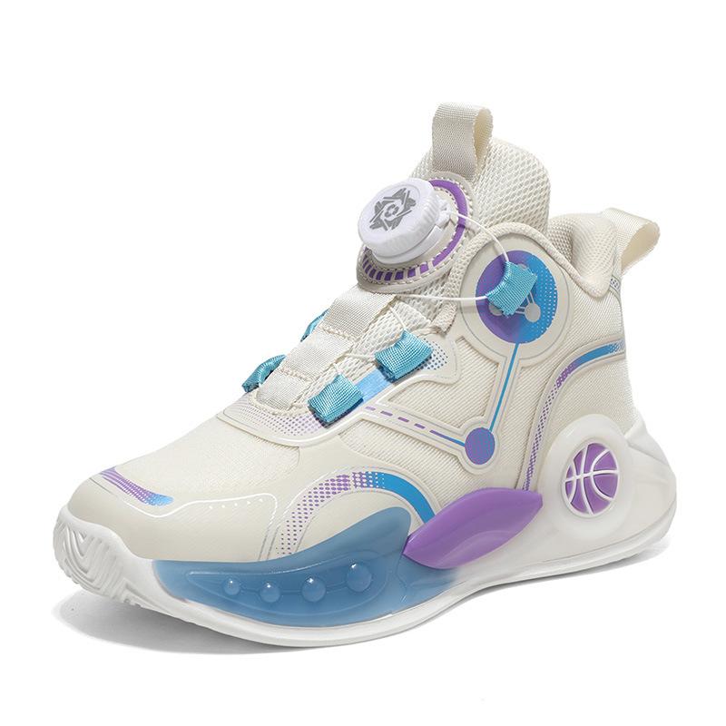 Lace-up-free Classmates Boys Mesh Breathable Basketball Shoes Middle and Older Children Non-slip Autumn Fashion Rotating Buckle Running Sneakers