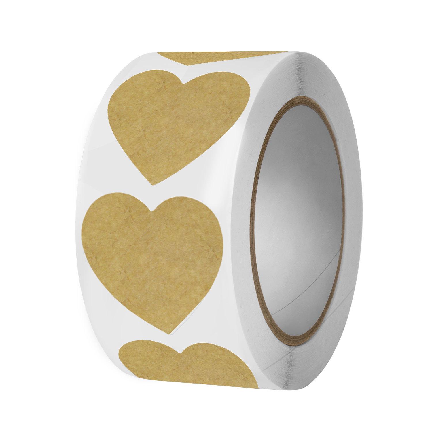 Natural Kraft Paper Heart Stickers - 500/Roll, Custom Self-Adhesive Labels