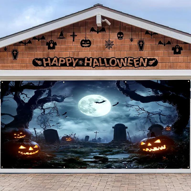 Halloween Garage Door Cover 180x400cm 100D Polyester Custom Halloween Pumpkin Lantern Forest Halloween Background
