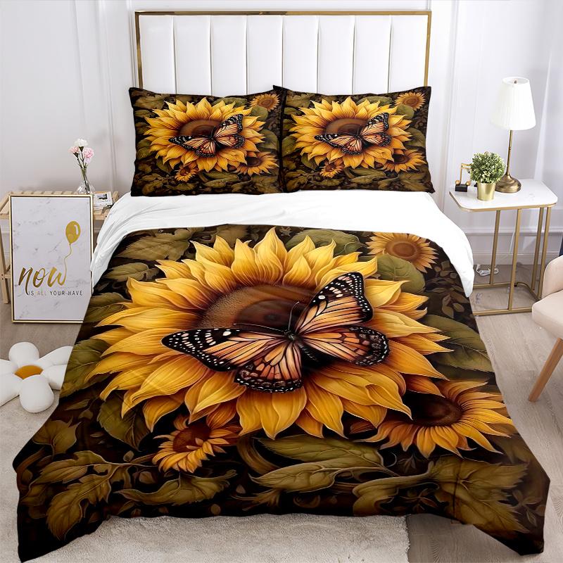 3pcs Sunflower & Butterfly Printed Quilt Set - Soft and Comfortable Quilt Cover for Bedroom, Guest Room L102