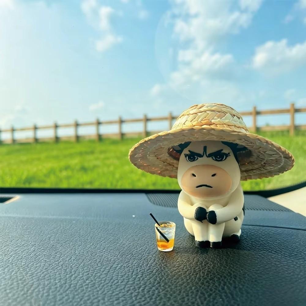 Straw Hat Weirdly Cow Figurine Decorative Dashboard Ornament Desk Decor Figurine Desk Decoration