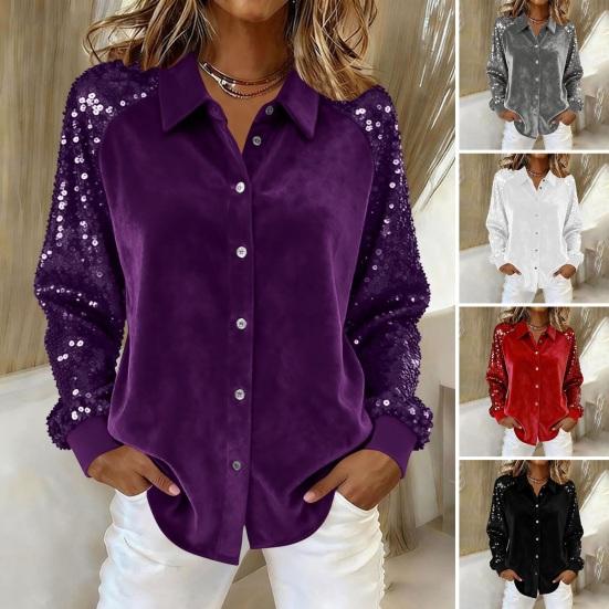 Damen Pailletten Samt Hemd Langarm Revers Bluse Lässig Glitzernd Knopfleiste Hemd für Party Date Bar Nachtclub