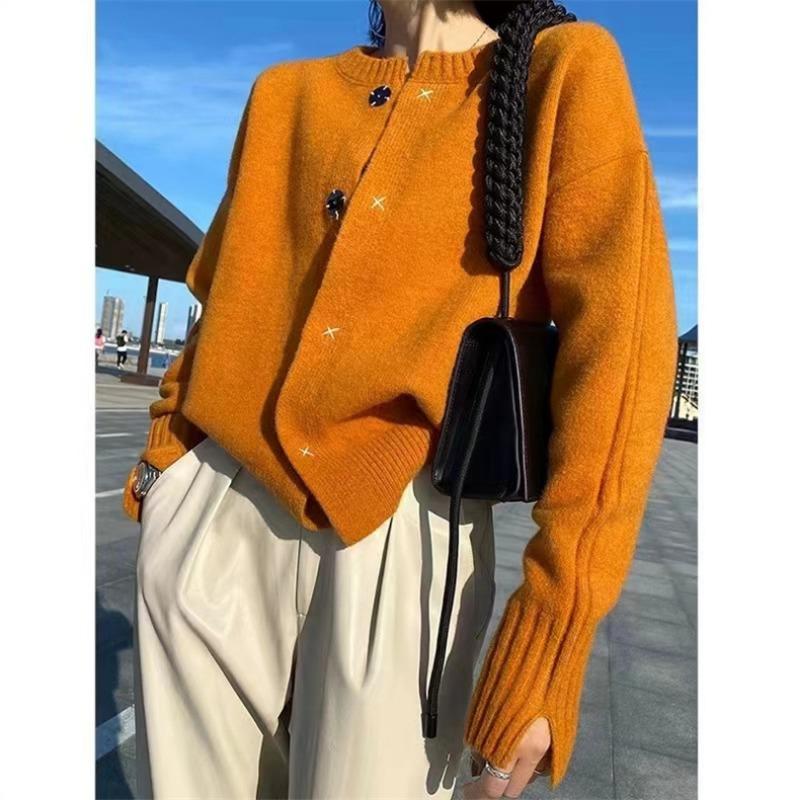 Autumn and winter new knitted cardigan sweater atmosphere pumpkin color lazy wind outside wear crew neck niche top coat women