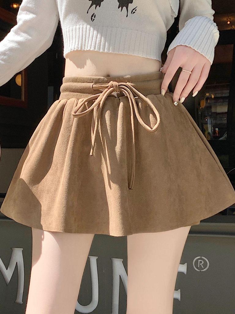 High-Waisted Autumn Winter Suede A-Line Short Skirt with Slimming Anti-Exposure Design