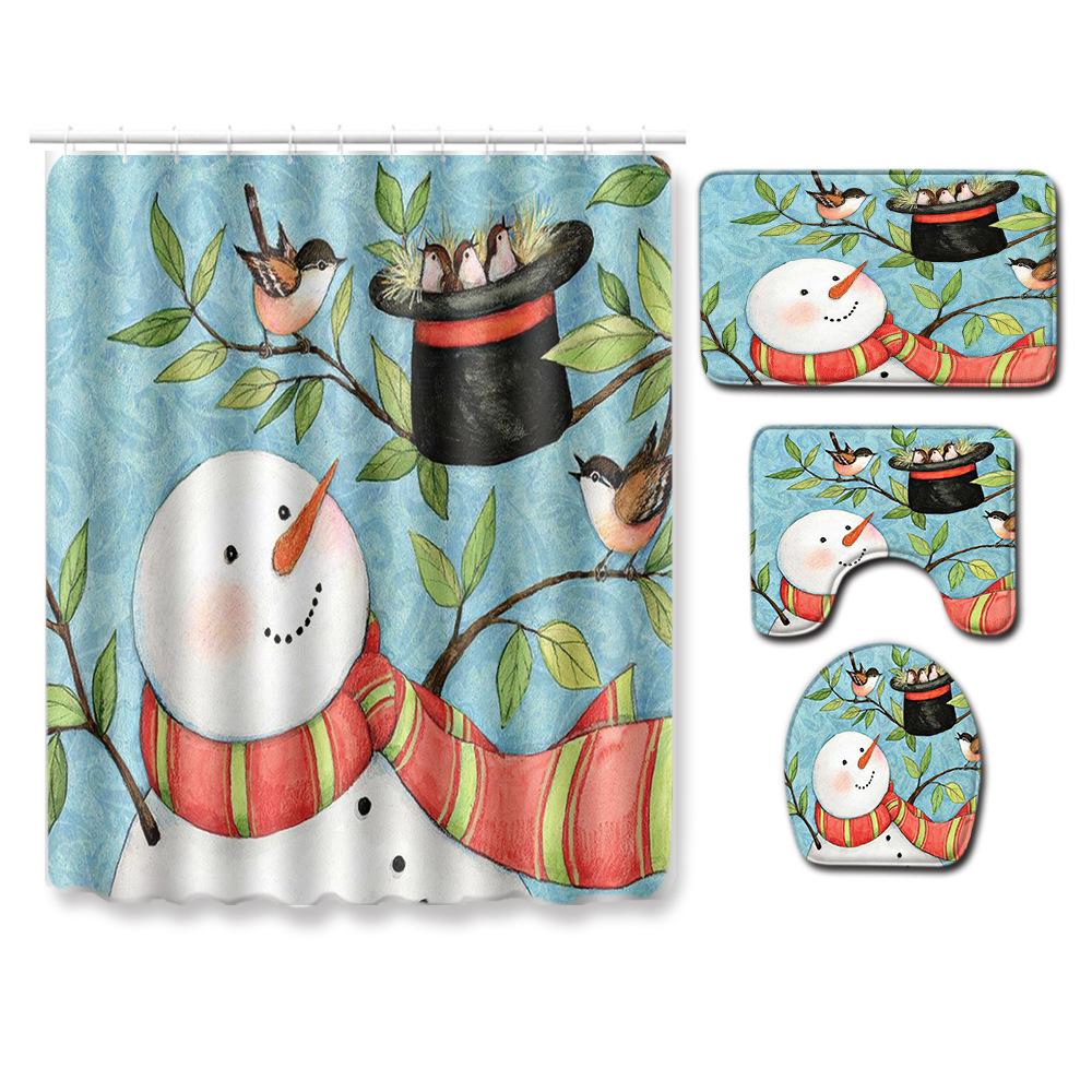 Christmas Shower Curtain Floor Mat Combination Four-Piece Set Bathroom Toilet Carpet Shower Room Mat Foot Mat