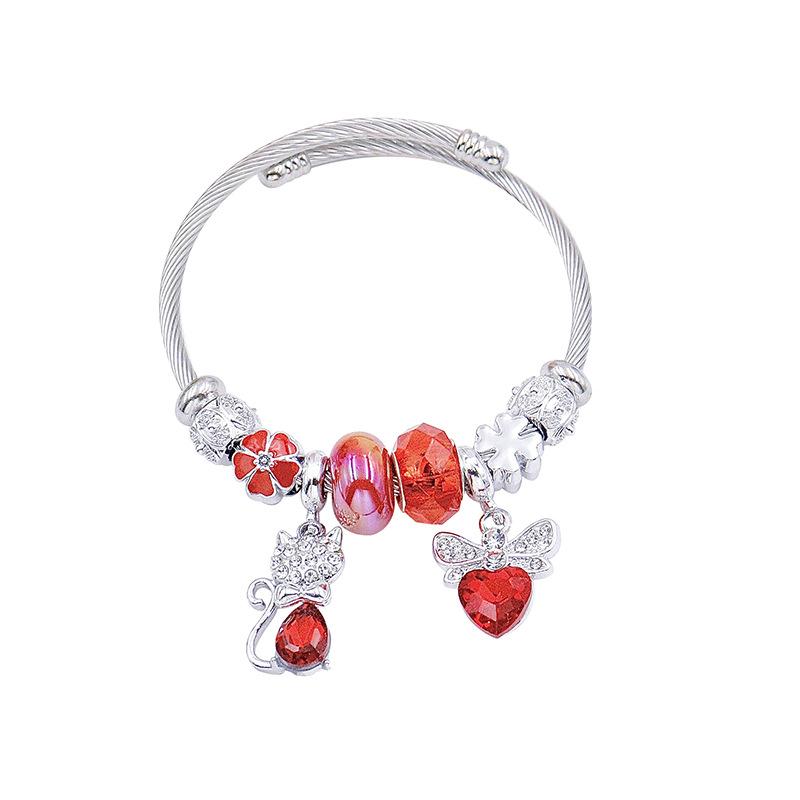 Elegant Ladies Love Bow Crystal Bead Bracelet with Diamond Fox Pendant Stainless Steel Bangle