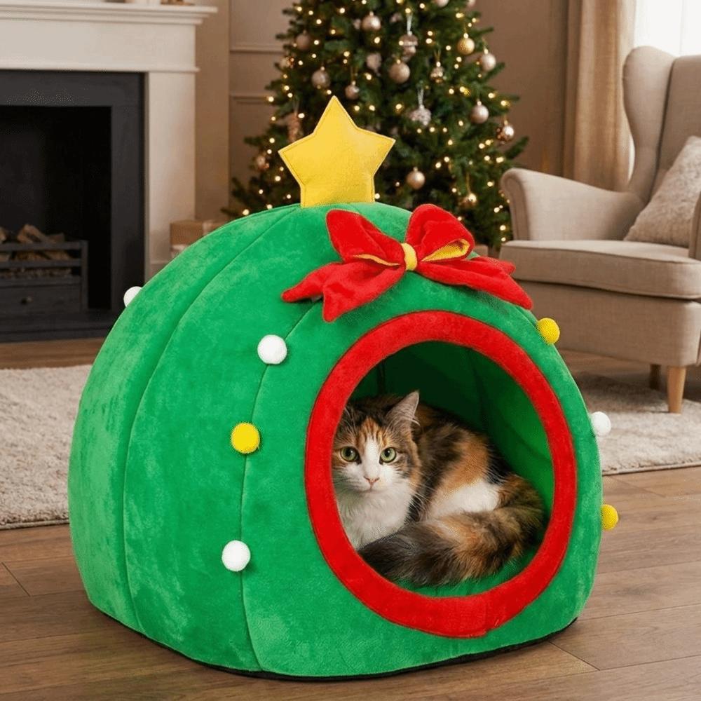 Halbgeschlossenes Haustierhaus in Weihnachtsbaumform Warme Plüsch-Haustier-Schlafhöhle Katzen-Sofabett Winter