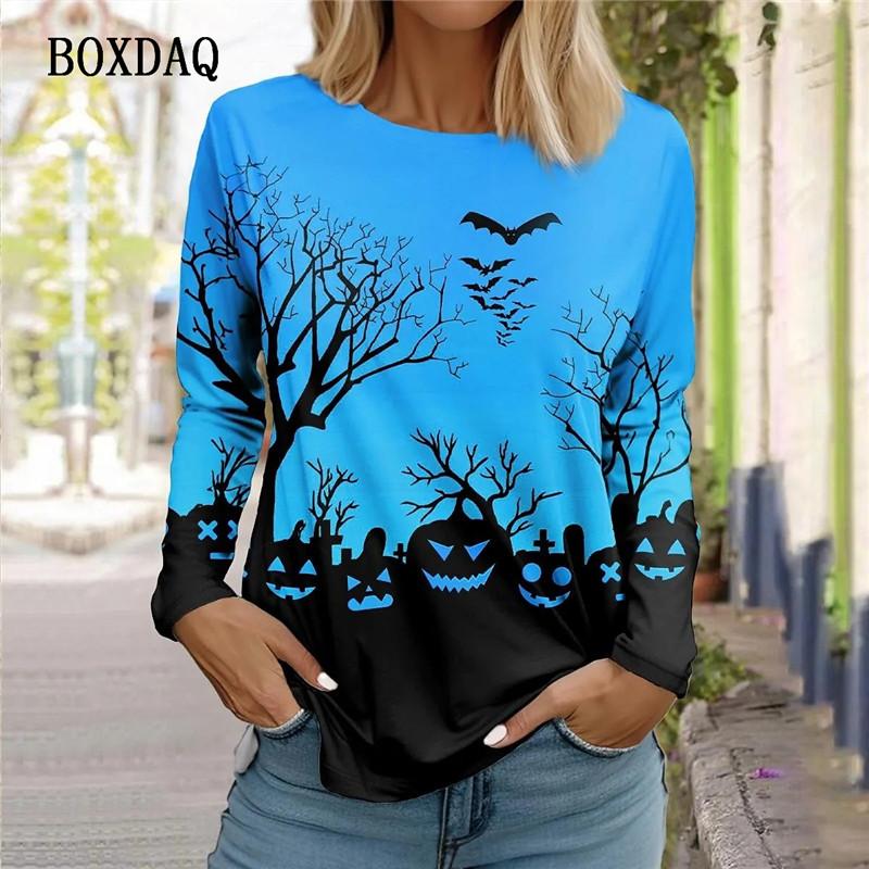 Women's T shirt Tee Print Halloween Casual Long Sleeve Crew Neck Khaki Spring & Fall main image 1