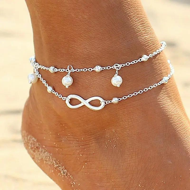 Boho Silver Plated Shiny Chains Anklet for Women Girls Friendship Beach Foot Jewelry Leg Bracelet Barefoot Tobillera De Prata
