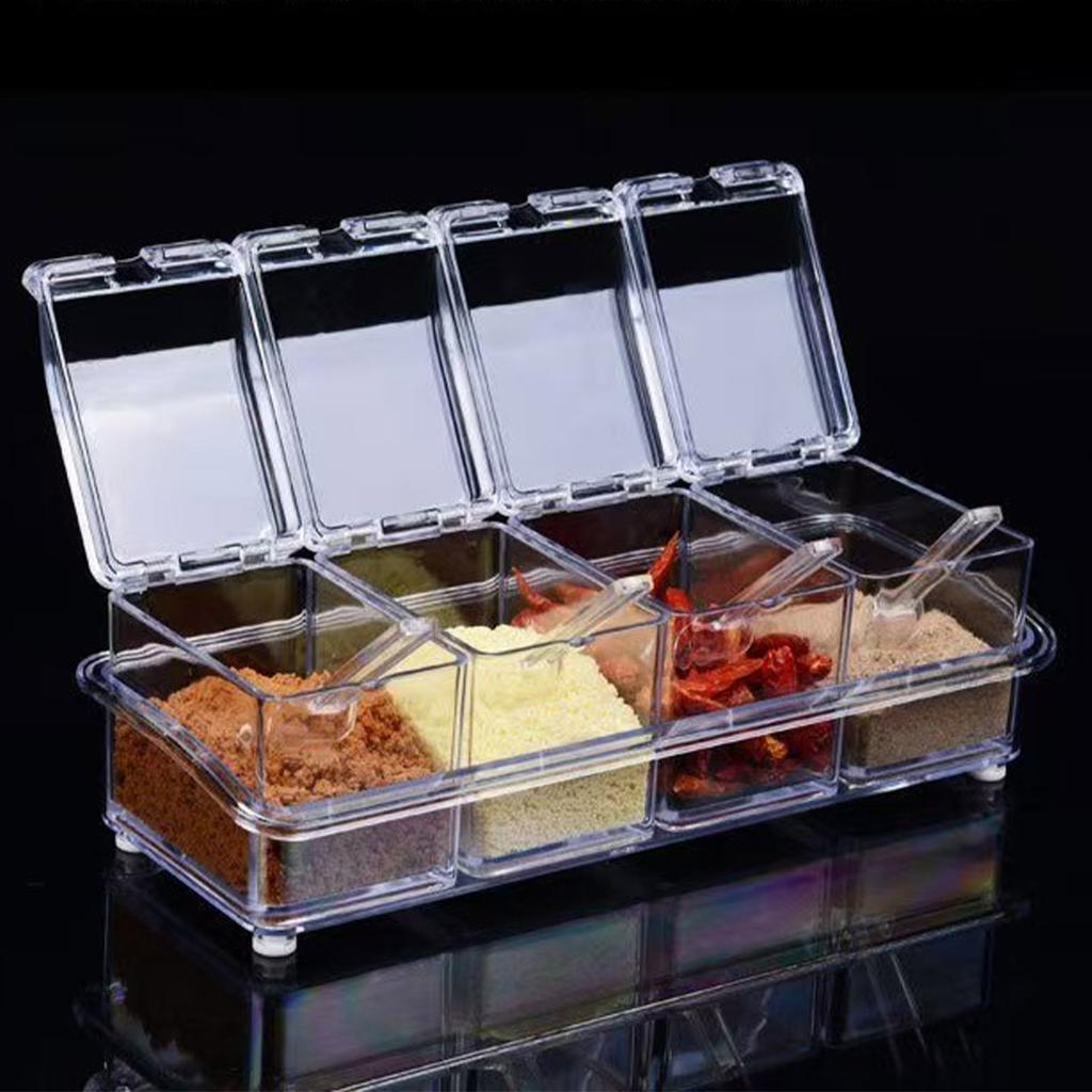 Box of condiments transparent, set of 4 storage containers of condiments, glass with spoon, container for pepper, spice, organiz