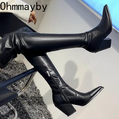 Vintage Winter Spitzschuh Damen Overknee Stiefel Mode Dicken Absätzen Lange Booties Frau Largas Booties