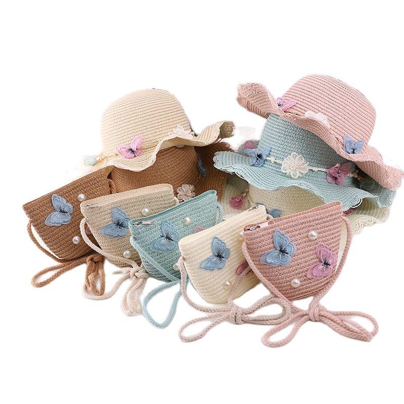 Summer Girl Princess 2pcs a Sets Sun Hat +bags Child Baby Casual Beach Butterfly Panama Caps for Holiday Party