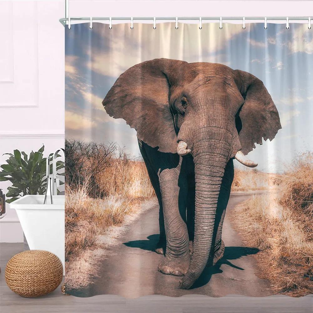 Art Elephant Shower Curtain Africa Wild Animal Black Fantasy Background Fabric Bathroom Decor Bathroom Accessories with Hooks