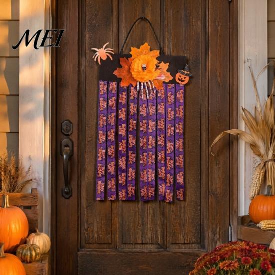 Dynamic Swaying Door Lintel Decoration Halloween Rag Flag Banner, Pumpkin Maple Leaf Flower Ribbon Hanging Escape Room Thrilling Atmosphere