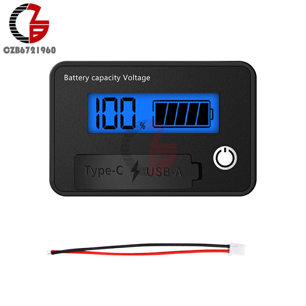 

DC 8-30V Battery Level Indicator LCD Digital Voltmeter Voltage Tester Lithium Battery Charge Capacity Meter USB+Tpye-C Output синій