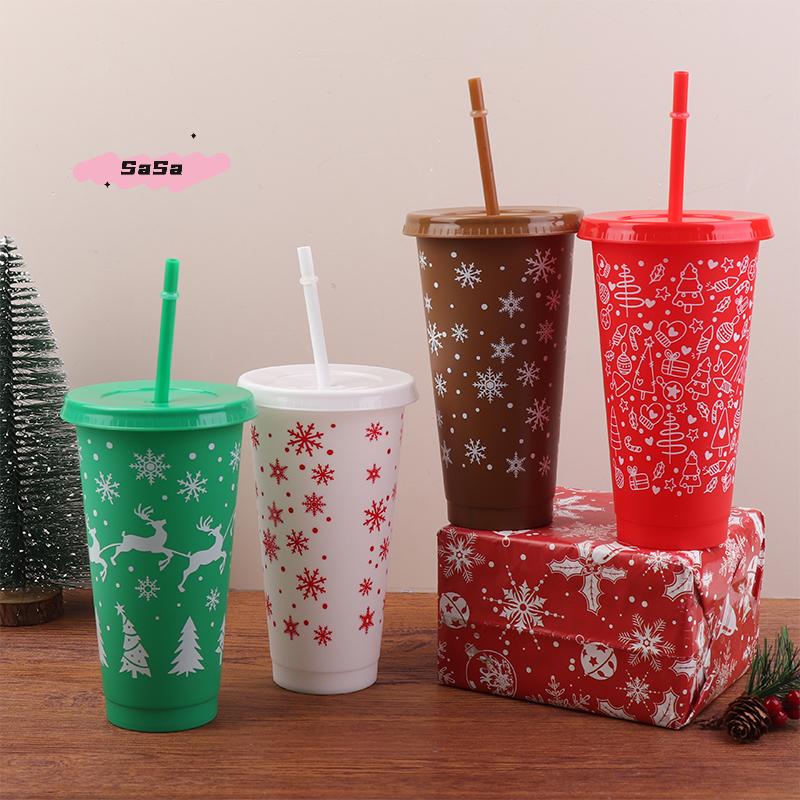 1Pc 710ML Christmas Coffee Straw Cup with Lid Reusable Xmas Tree & Snowflake Design Plastic Cup for New Year 2026 Party Favors
