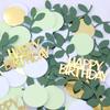 200 Stück Konfetti für Geburtstagspartys, goldene Karte „Happy Birthday“ Konfetti mit grünen Blättern, kreisförmiges Konfetti für Geburtstagspartys