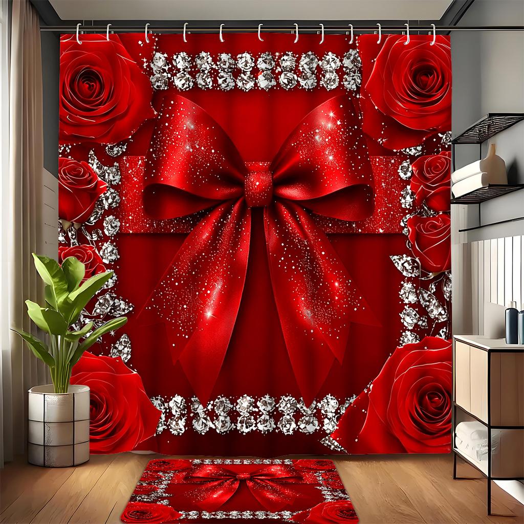 4Pcs Shower Curtain Set with Non-Slip Bath Mat, Toilet Lid Cover, Contour Rug & 12 Hooks, Bathroom Decor