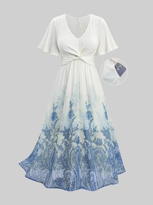 Robe Rosegal Grande Taille Imprimé Fleurs en Porcelaine Bleu et Blanc Dos Noué Creux Volants