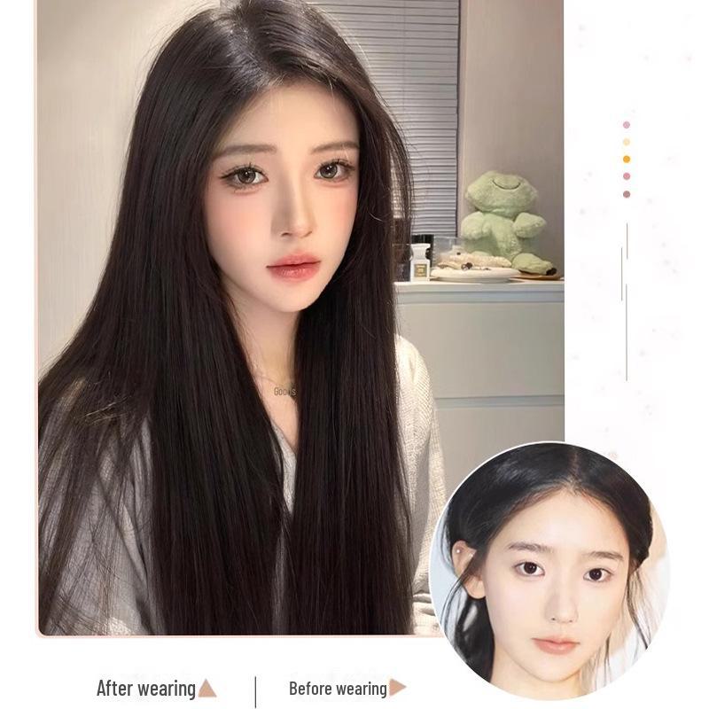 Women's Long Forehead Lace Wig with Natural Bangs - Fashionable Straight Hair, Full Coverage, Middle Parting.