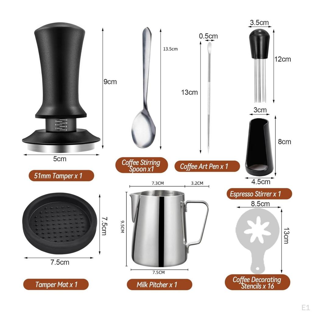 7 Pieces Coffee Pressing Kit Complete Latte Art Set with Stencils Stainless Steel Espresso Tamper